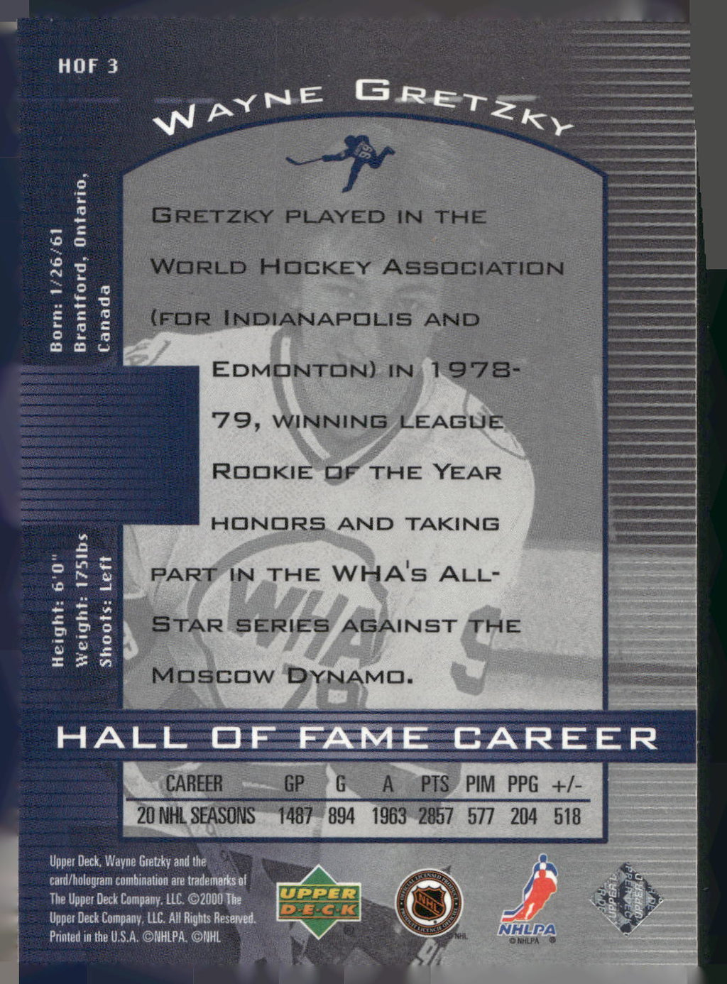 1999-00 Upper Deck Wayne Gretzky #HOF3 Wayne Gretzky Hall of Fame Career