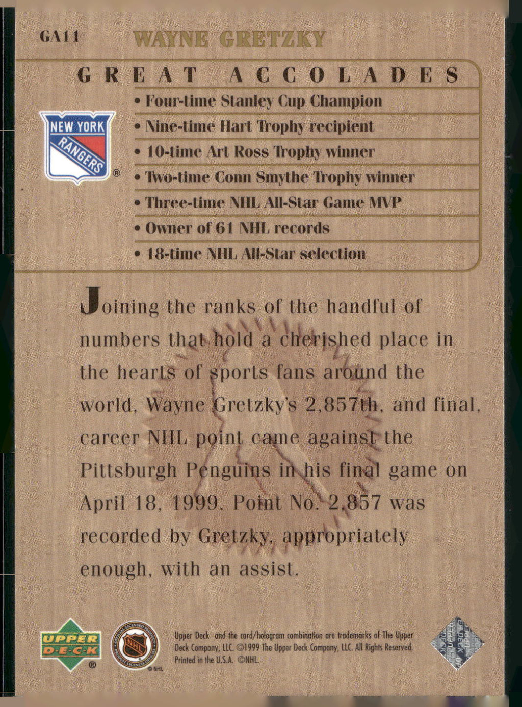 1999 Upper Deck Wayne Gretzky Living Legend #GA11 Great Accolades