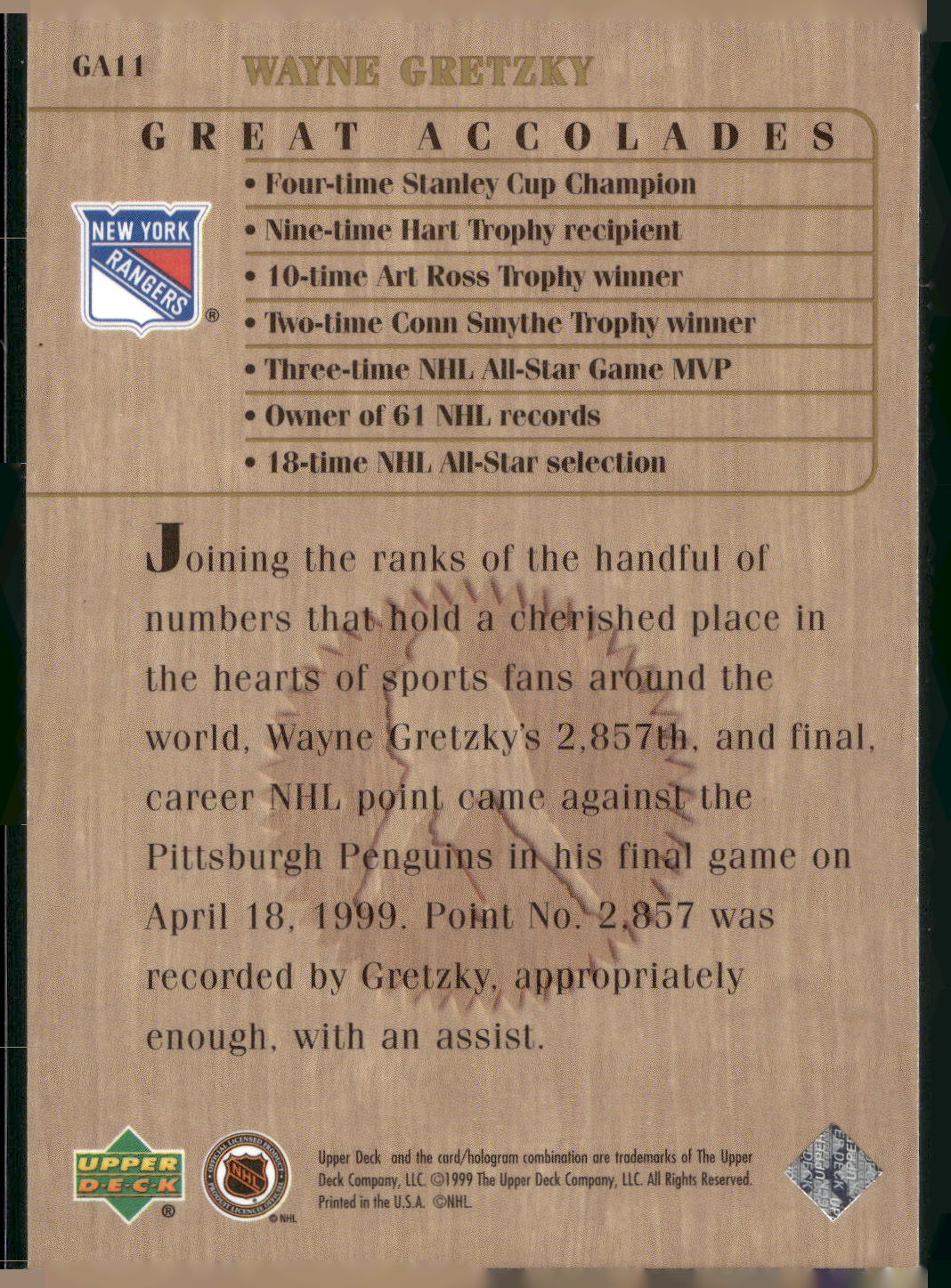 1999 Upper Deck Wayne Gretzky Living Legend #GA11 Great Accolades