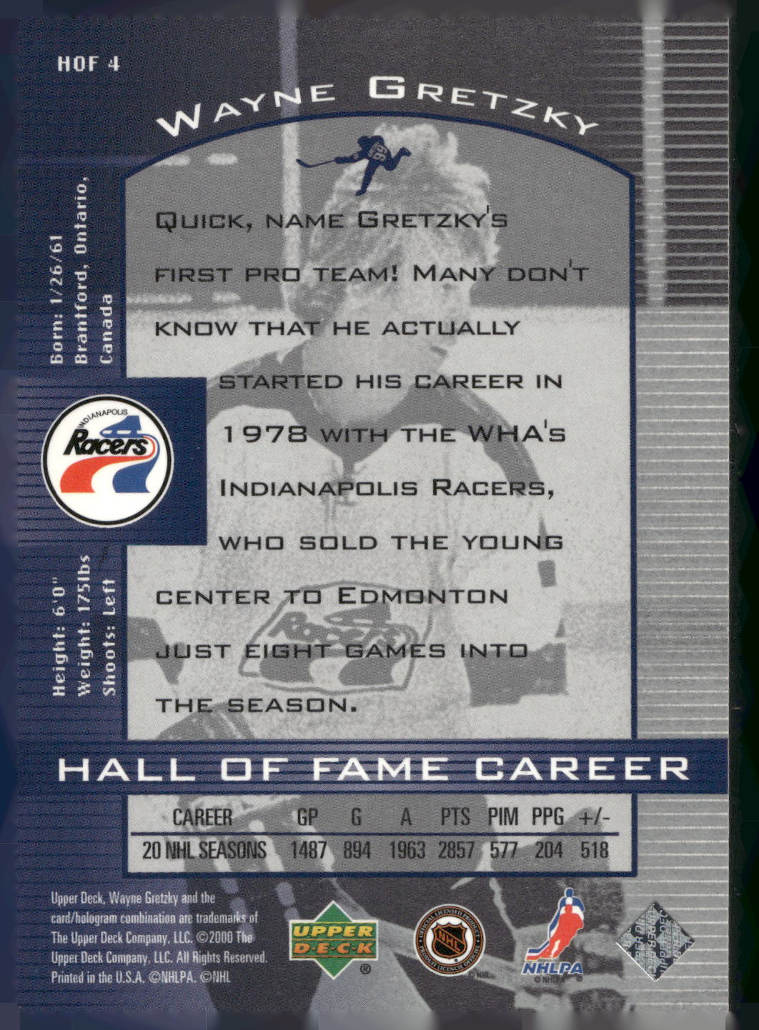 1999-00 Upper Deck Wayne Gretzky #HOF4 Wayne Gretzky Hall of Fame Career
