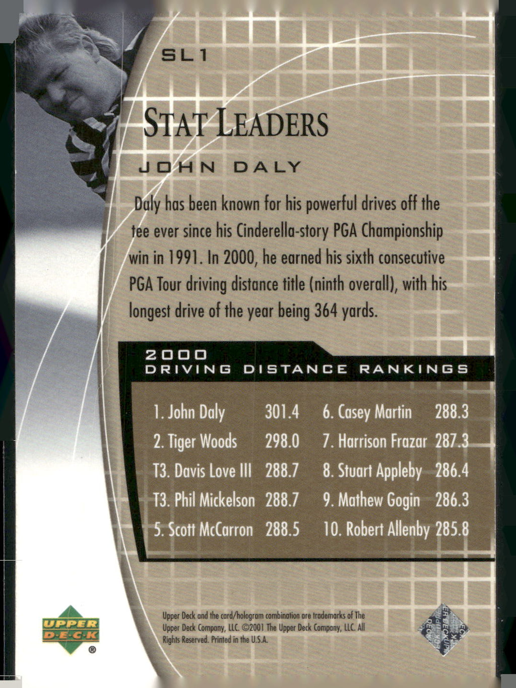 2001 Upper Deck #SL1 John Daly Stat Leaders