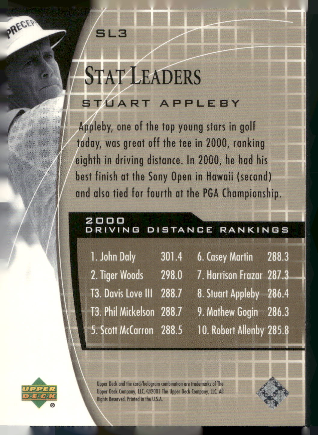2001 Upper Deck #SL3 Stuart Appleby Stat Leaders