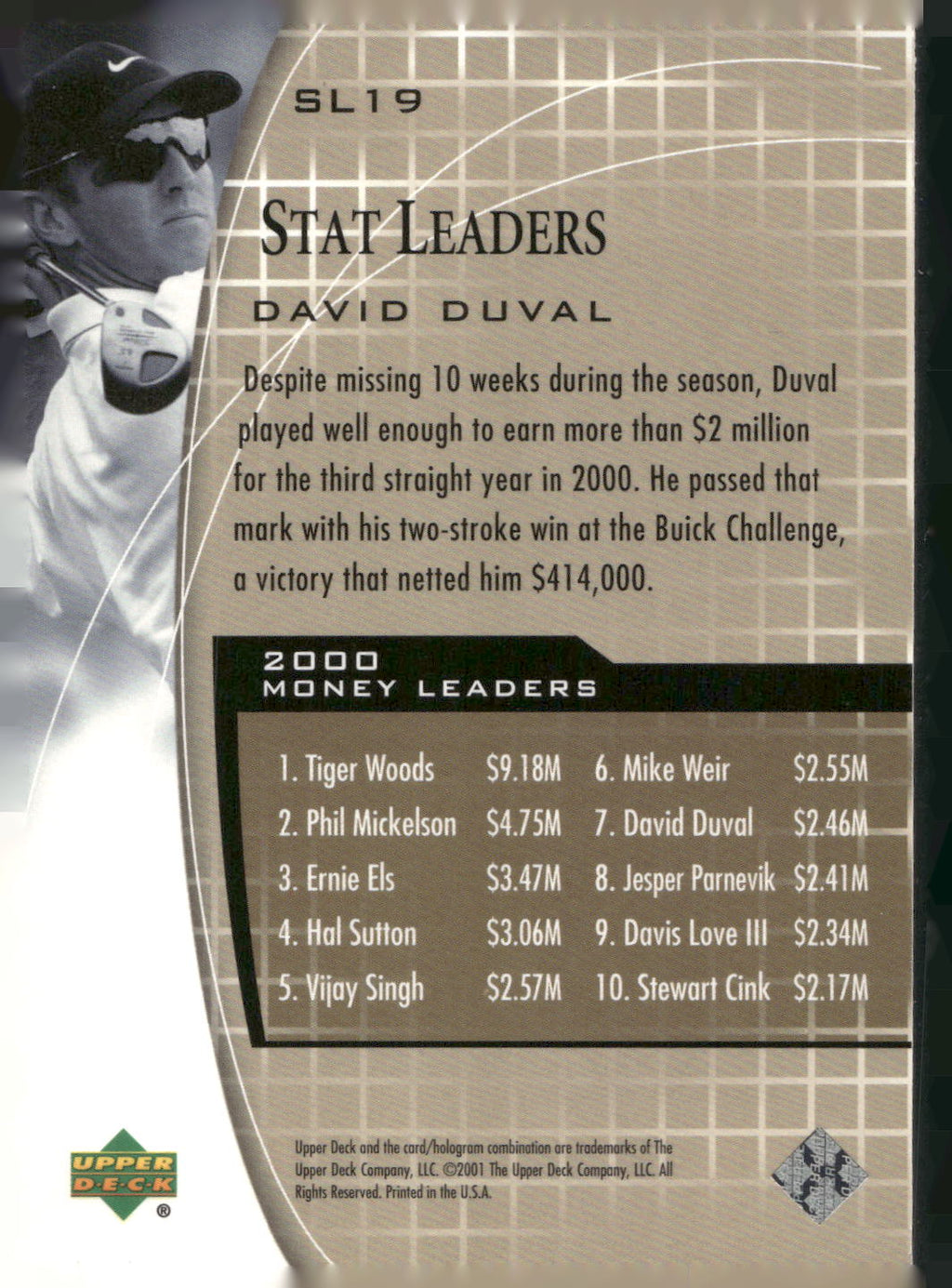 2001 Upper Deck #SL19 David Duval Stat Leaders