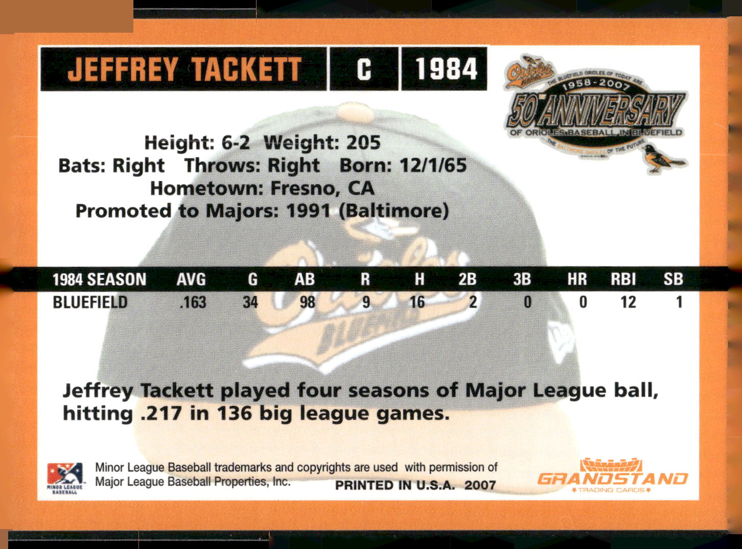 2007 Grandstand Bluefield Orioles 50th Anniversary #NNO Jeffrey Tackett