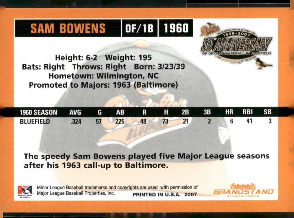 2007 Grandstand Bluefield Orioles 50th Anniversary #NNO Sam Bowens