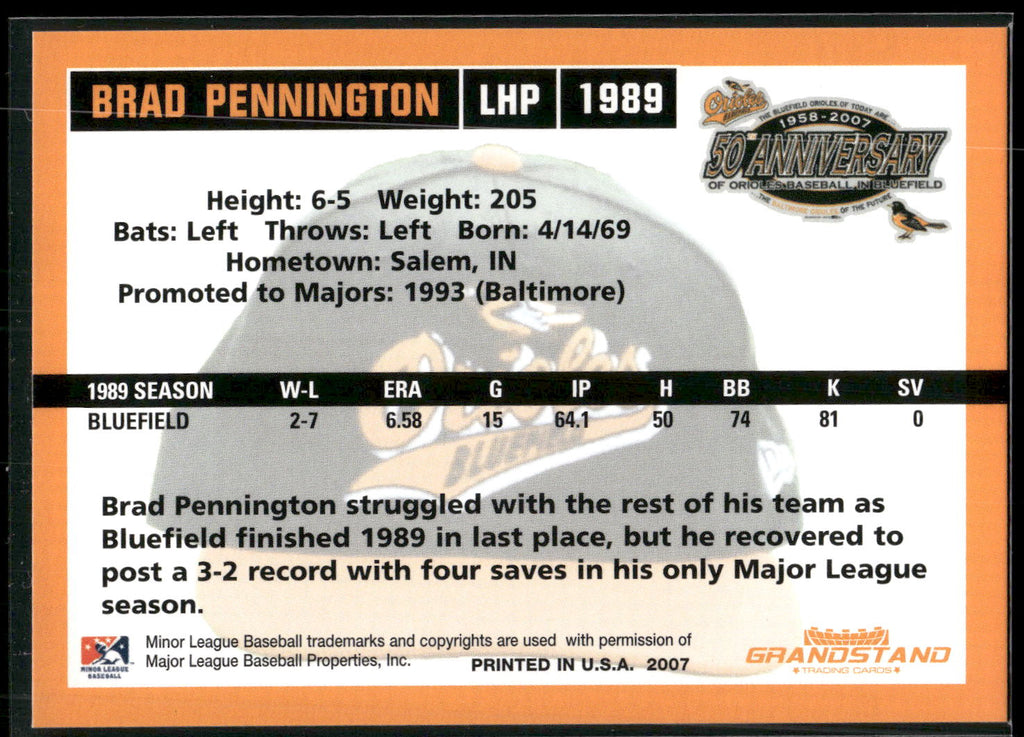 2007 Grandstand Bluefield Orioles 50th Anniversary #NNO Brad Pennington