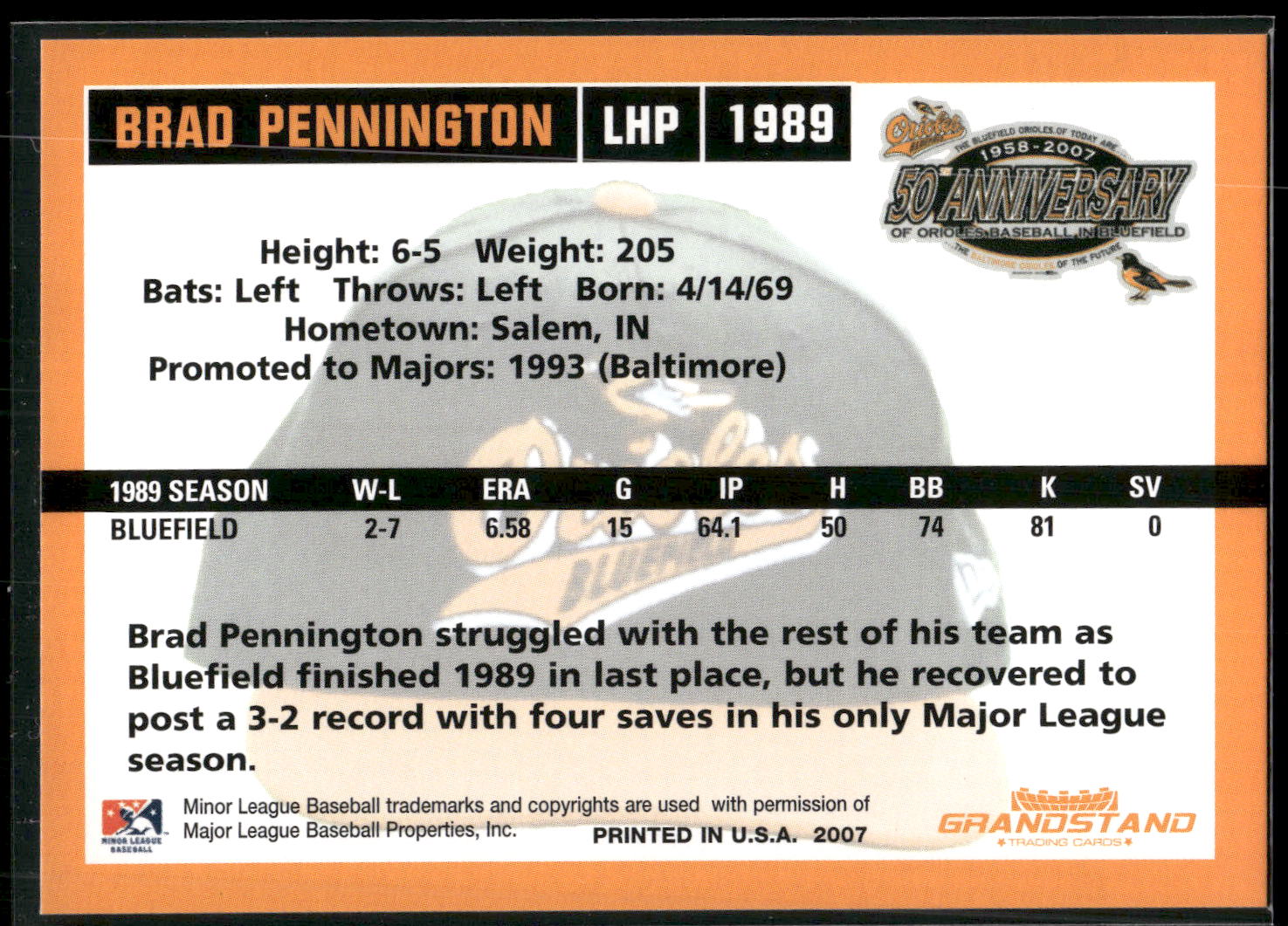 2007 Grandstand Bluefield Orioles 50th Anniversary #NNO Brad Pennington