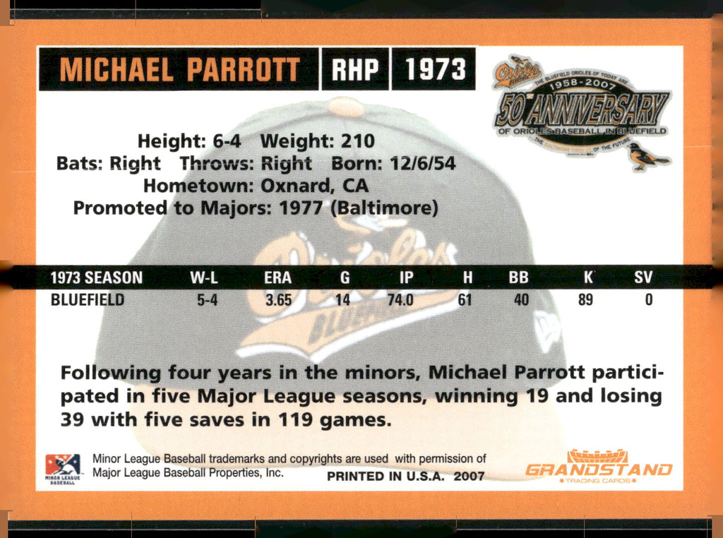 2007 Grandstand Bluefield Orioles 50th Anniversary #NNO Michael Parrott