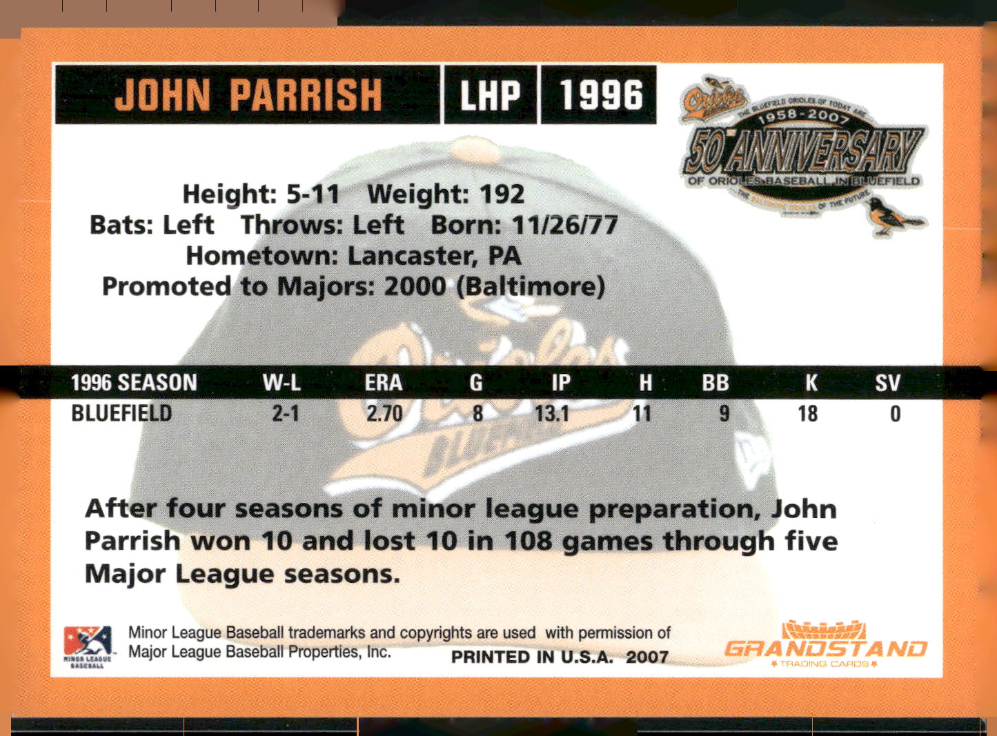 2007 Grandstand Bluefield Orioles 50th Anniversary #NNO John Parrish