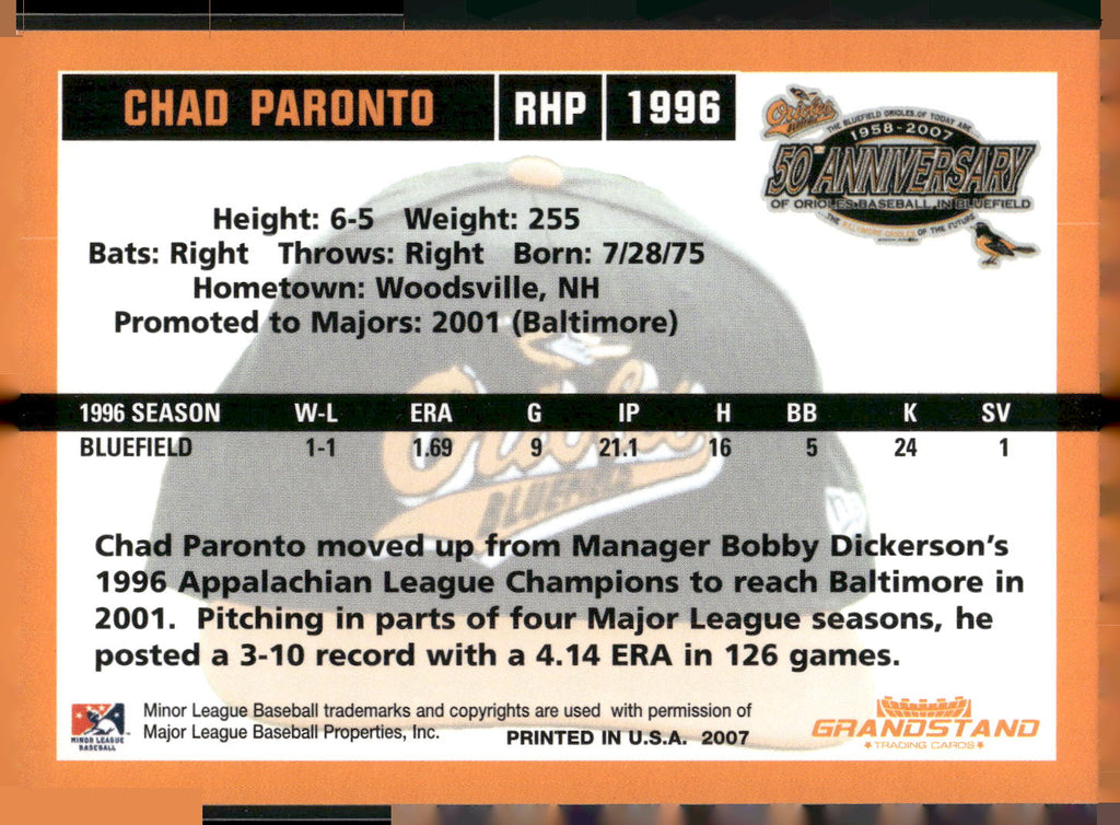 2007 Grandstand Bluefield Orioles 50th Anniversary #NNO Chad Paronto