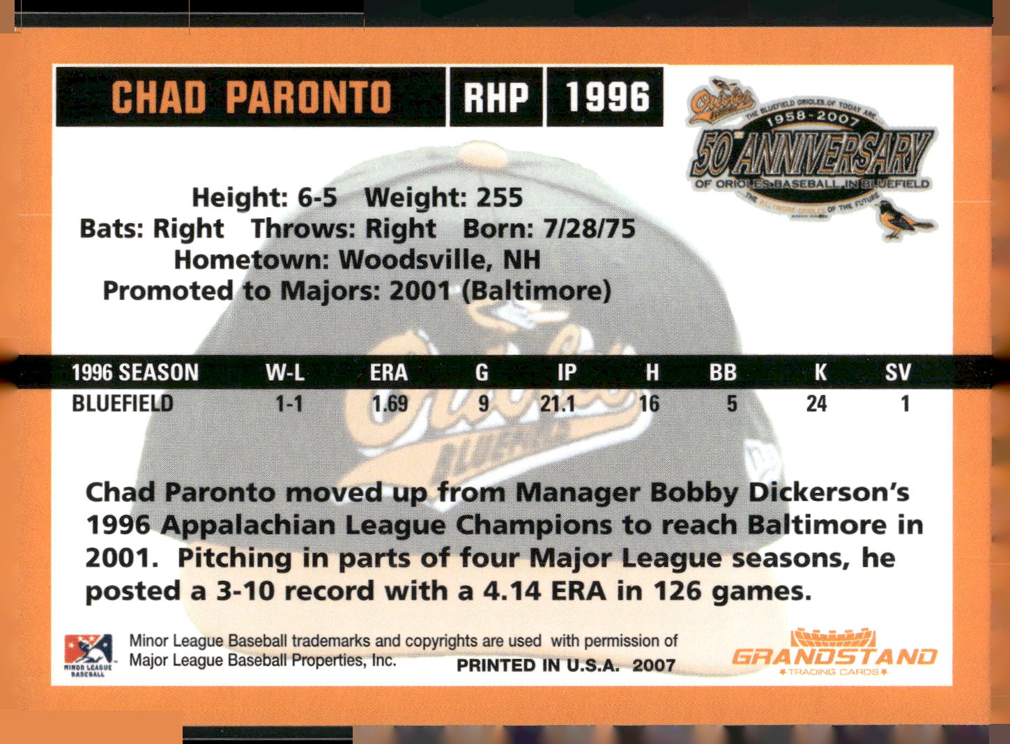 2007 Grandstand Bluefield Orioles 50th Anniversary #NNO Chad Paronto