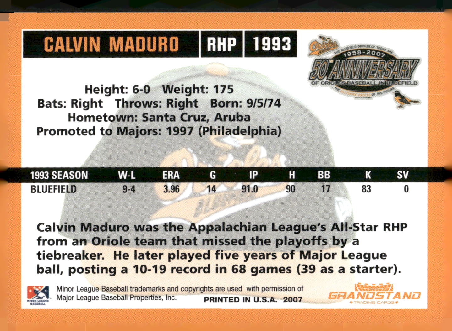2007 Grandstand Bluefield Orioles 50th Anniversary #NNO Calvin Maduro