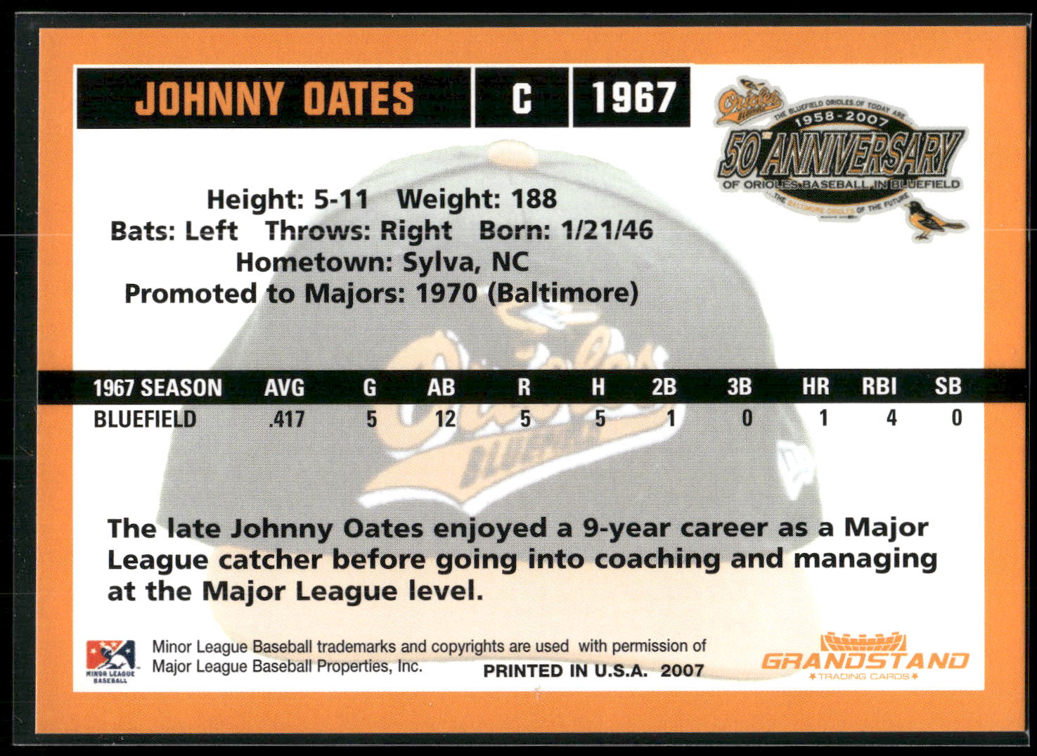 2007 Grandstand Bluefield Orioles 50th Anniversary #NNO Johnny Oates