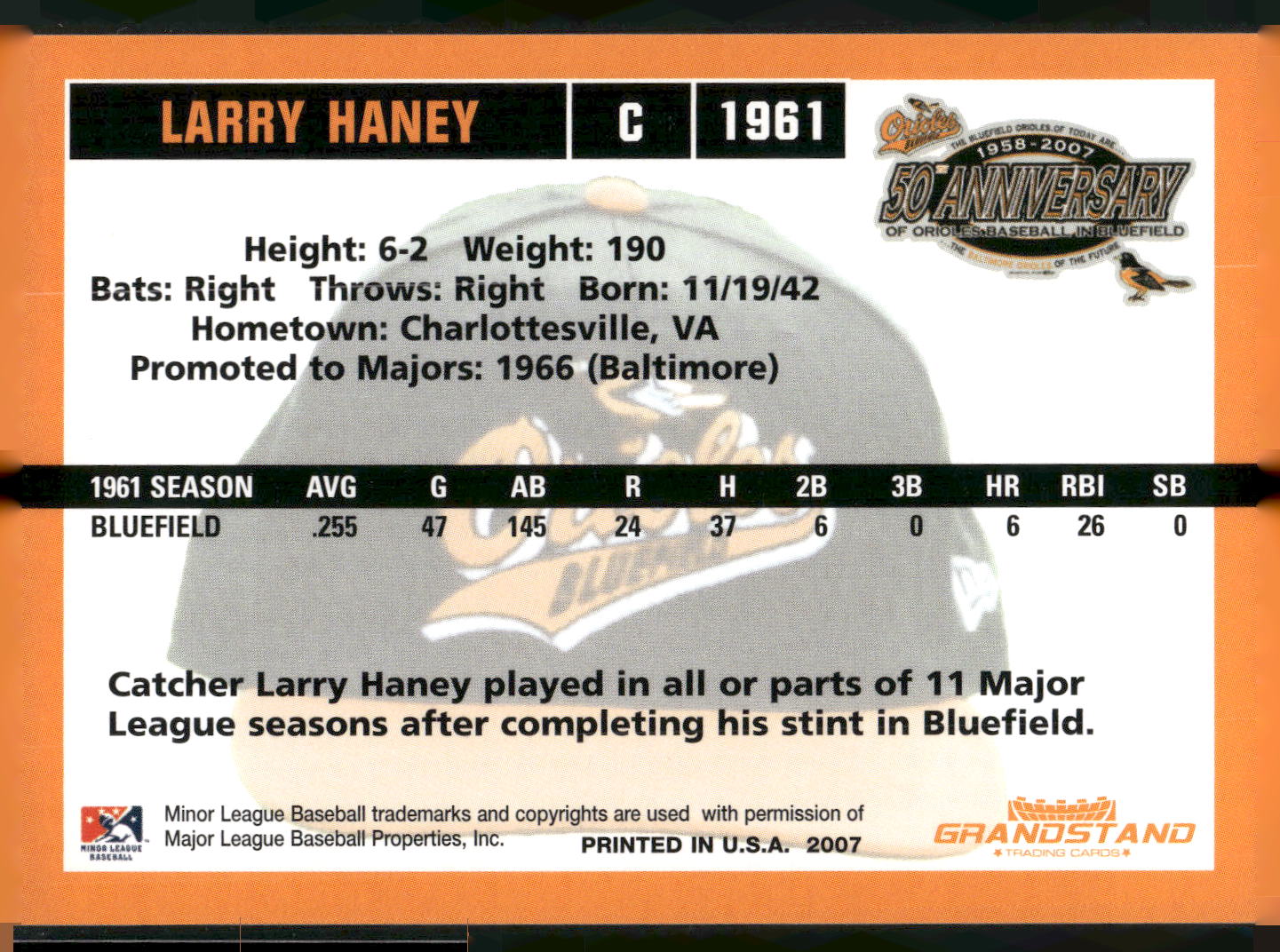 2007 Grandstand Bluefield Orioles 50th Anniversary #NNO Larry Haney