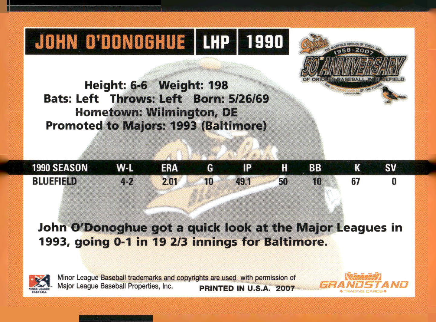 2007 Grandstand Bluefield Orioles 50th Anniversary #NNO John O'Donoghue
