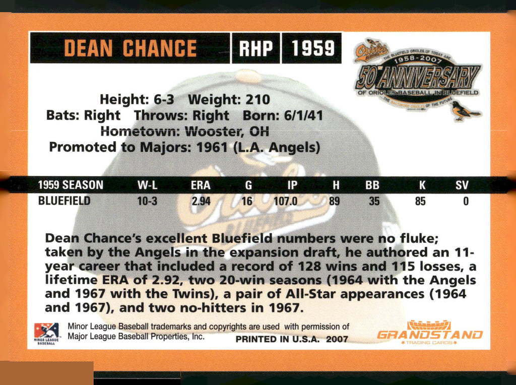 2007 Grandstand Bluefield Orioles 50th Anniversary #NNO Dean Chance