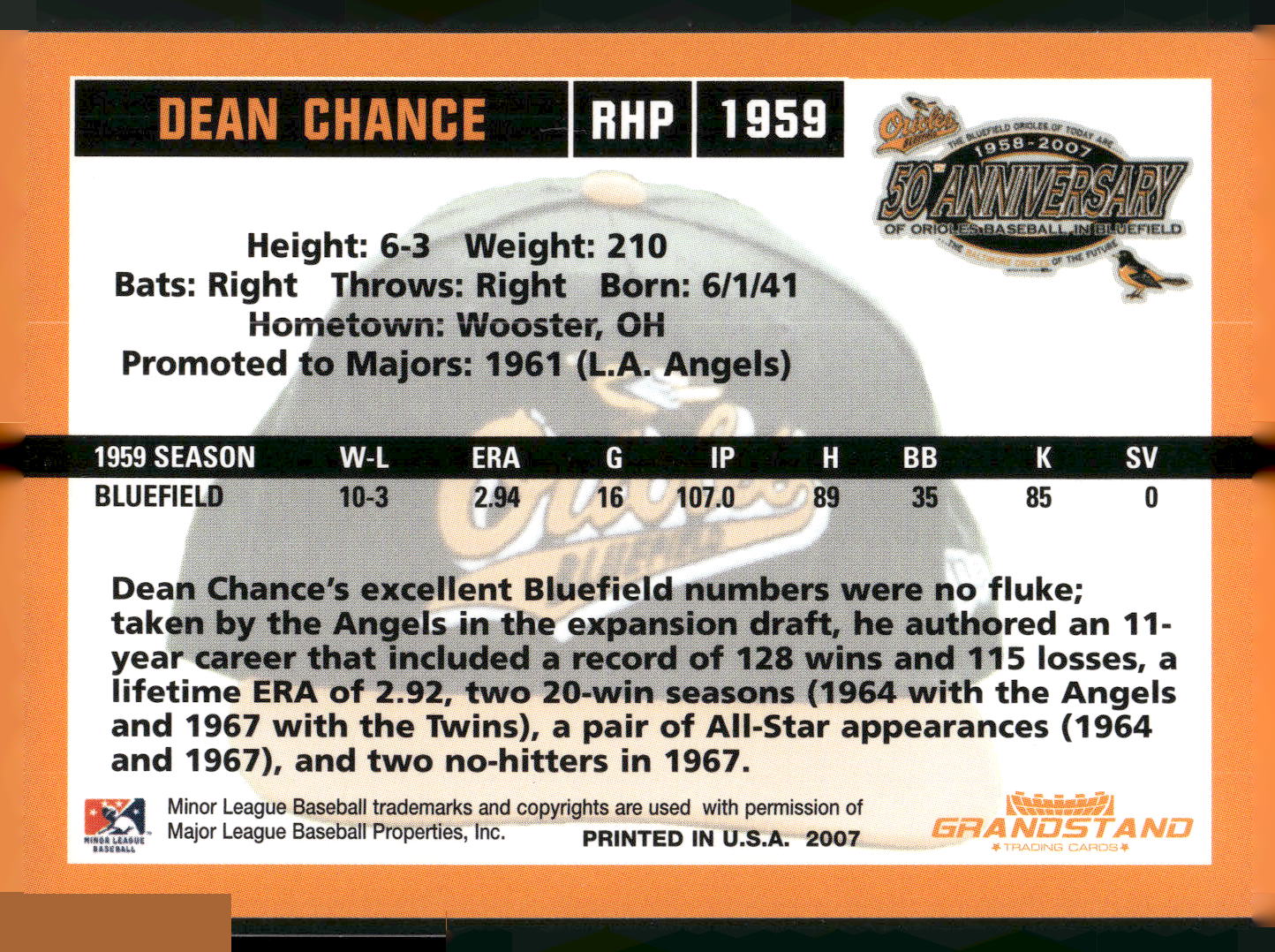 2007 Grandstand Bluefield Orioles 50th Anniversary #NNO Dean Chance