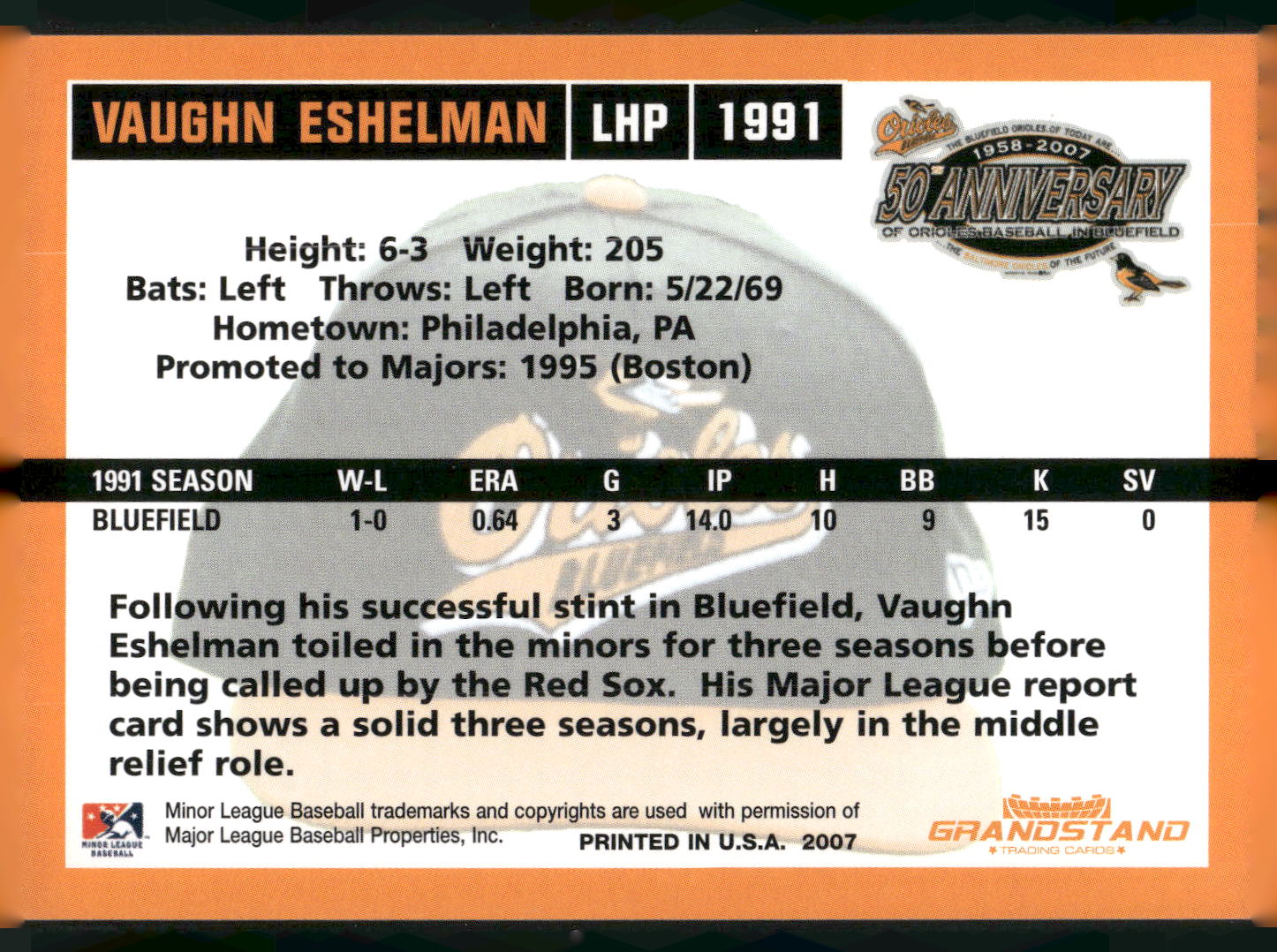 2007 Grandstand Bluefield Orioles 50th Anniversary #NNO Vaughn Eshelman