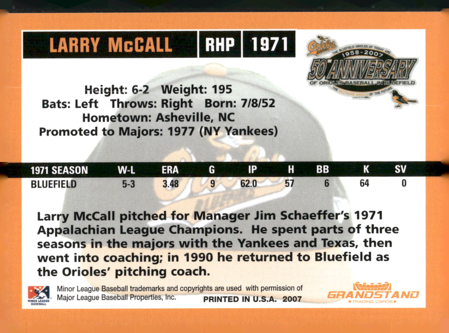 2007 Grandstand Bluefield Orioles 50th Anniversary #NNO Larry McCall