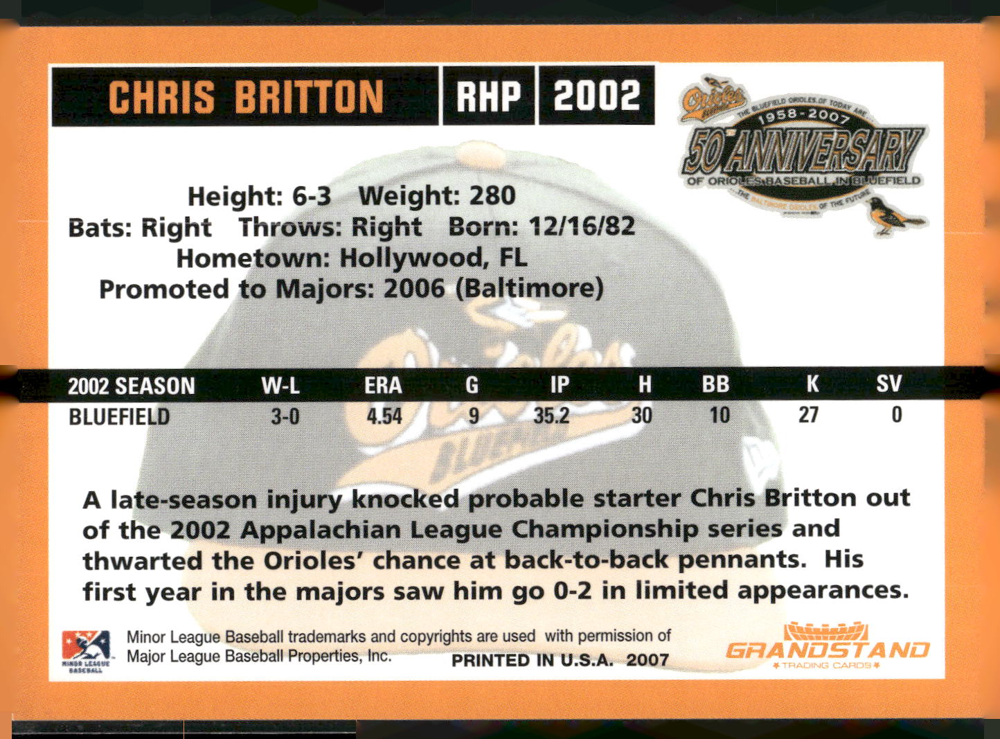 2007 Grandstand Bluefield Orioles 50th Anniversary #NNO Chris Britton