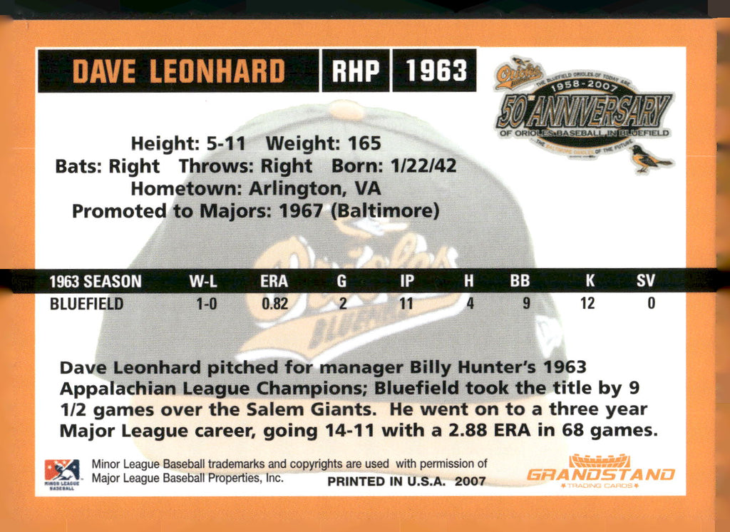 2007 Grandstand Bluefield Orioles 50th Anniversary #NNO Dave Leonhard