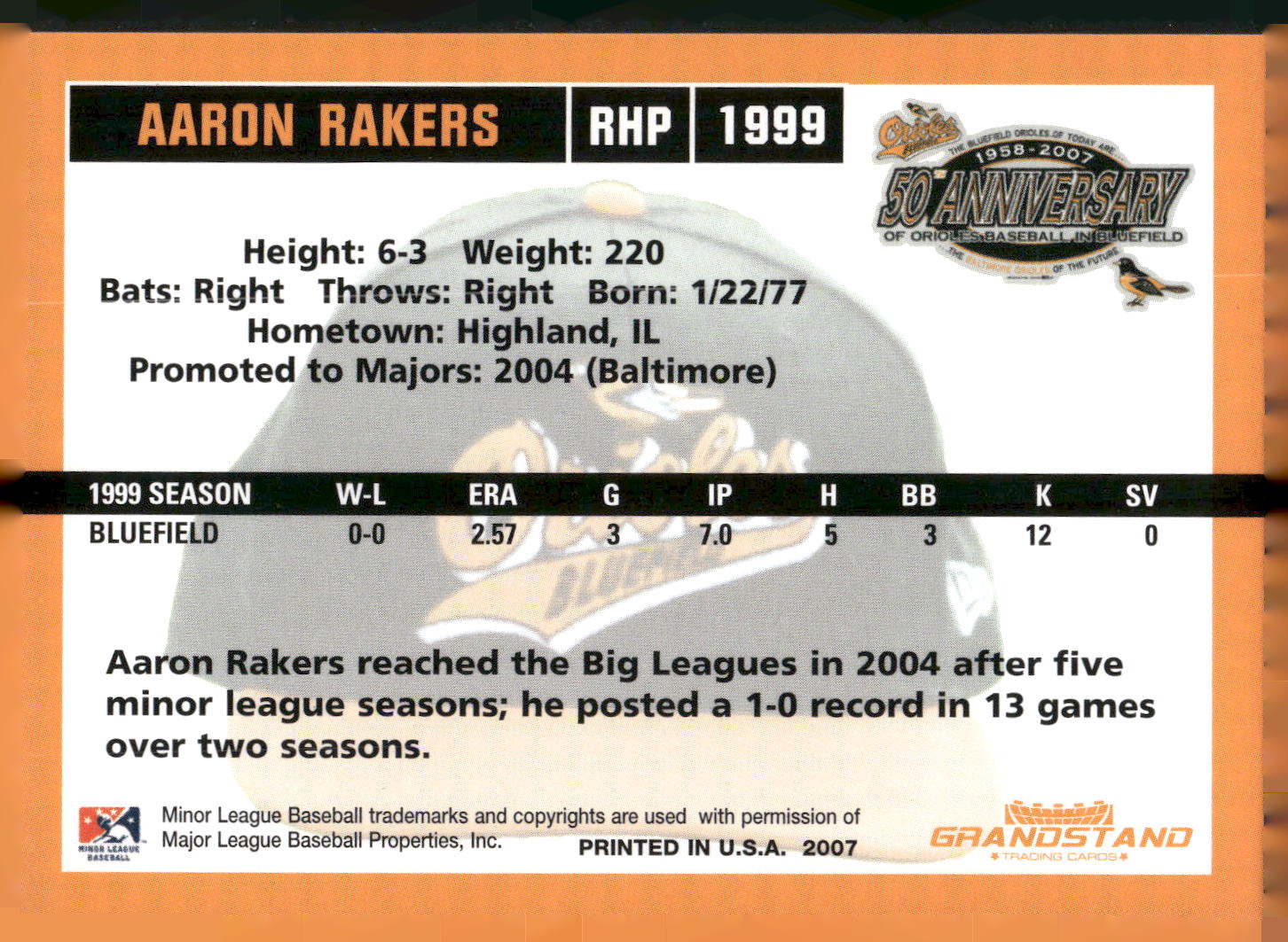 2007 Grandstand Bluefield Orioles 50th Anniversary #NNO Aaron Rakers