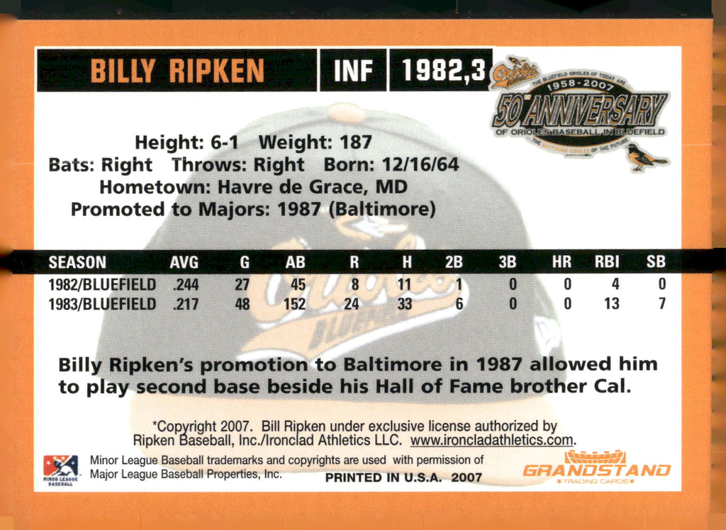 2007 Grandstand Bluefield Orioles 50th Anniversary #NNO Billy Ripken