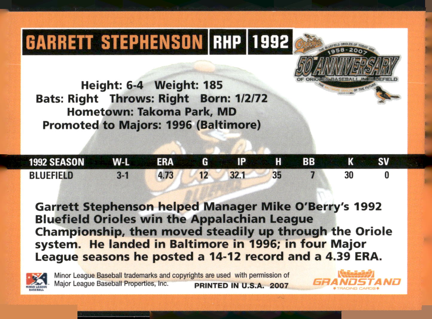 2007 Grandstand Bluefield Orioles 50th Anniversary #NNO Garrett Stephenson