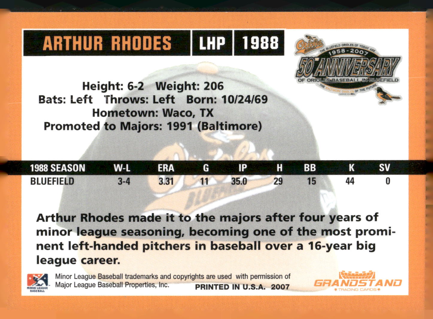2007 Grandstand Bluefield Orioles 50th Anniversary #NNO Arthur Rhodes