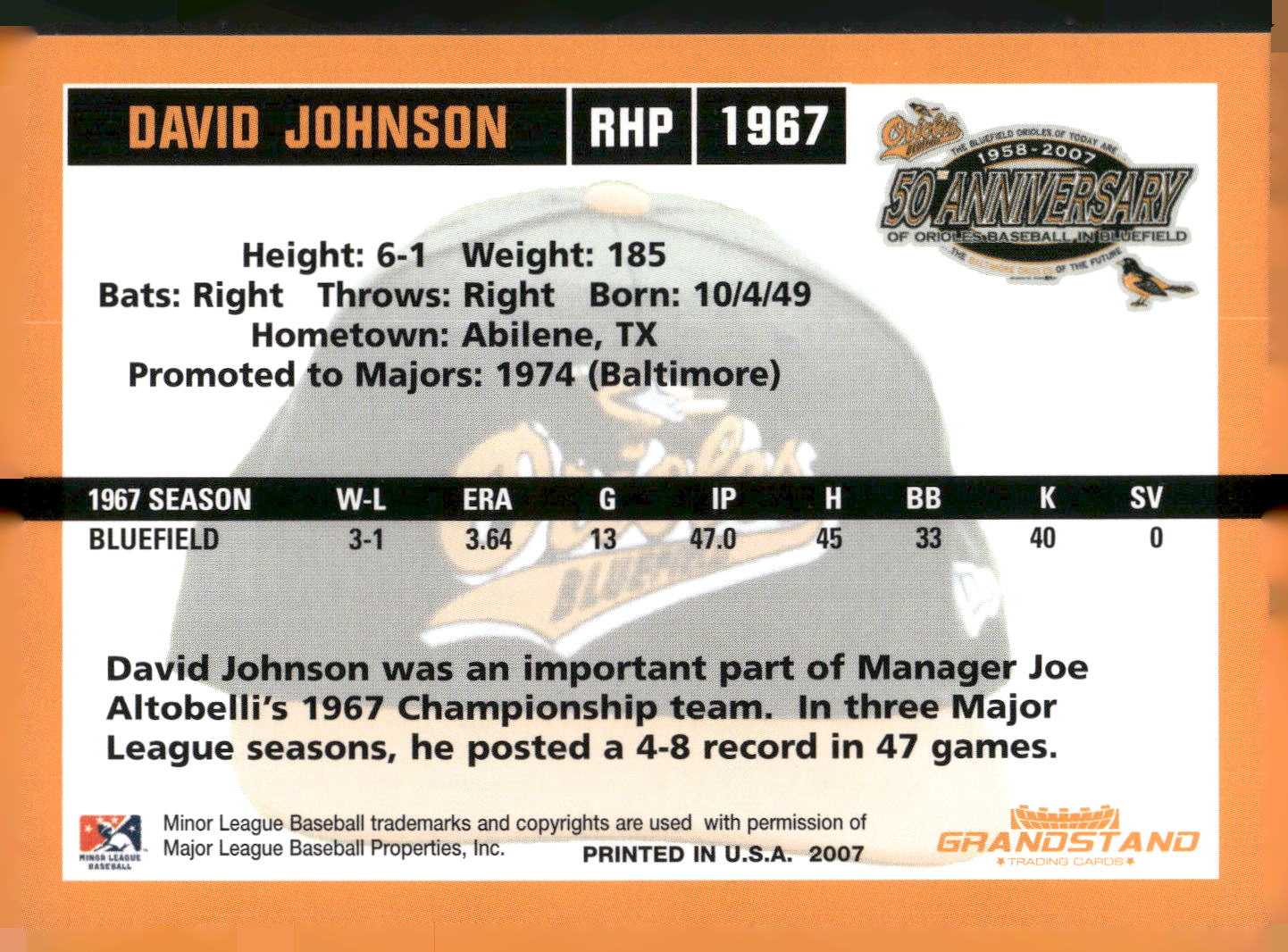 2007 Grandstand Bluefield Orioles 50th Anniversary #NNO David Johnson