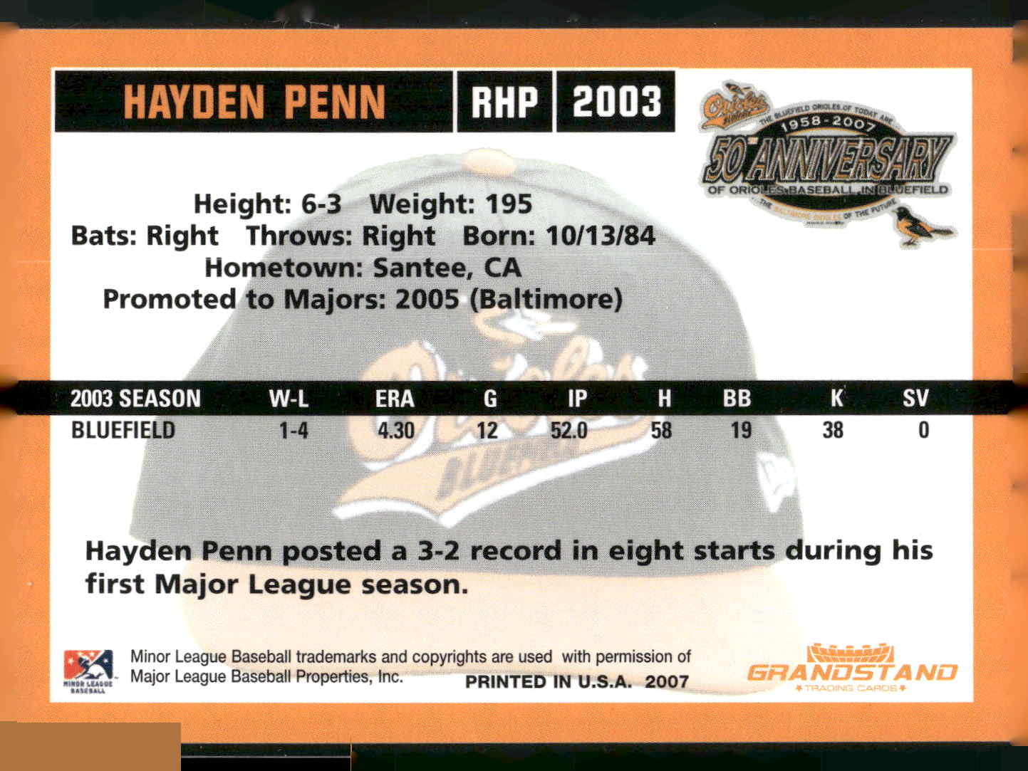 2007 Grandstand Bluefield Orioles 50th Anniversary #NNO Hayden Penn