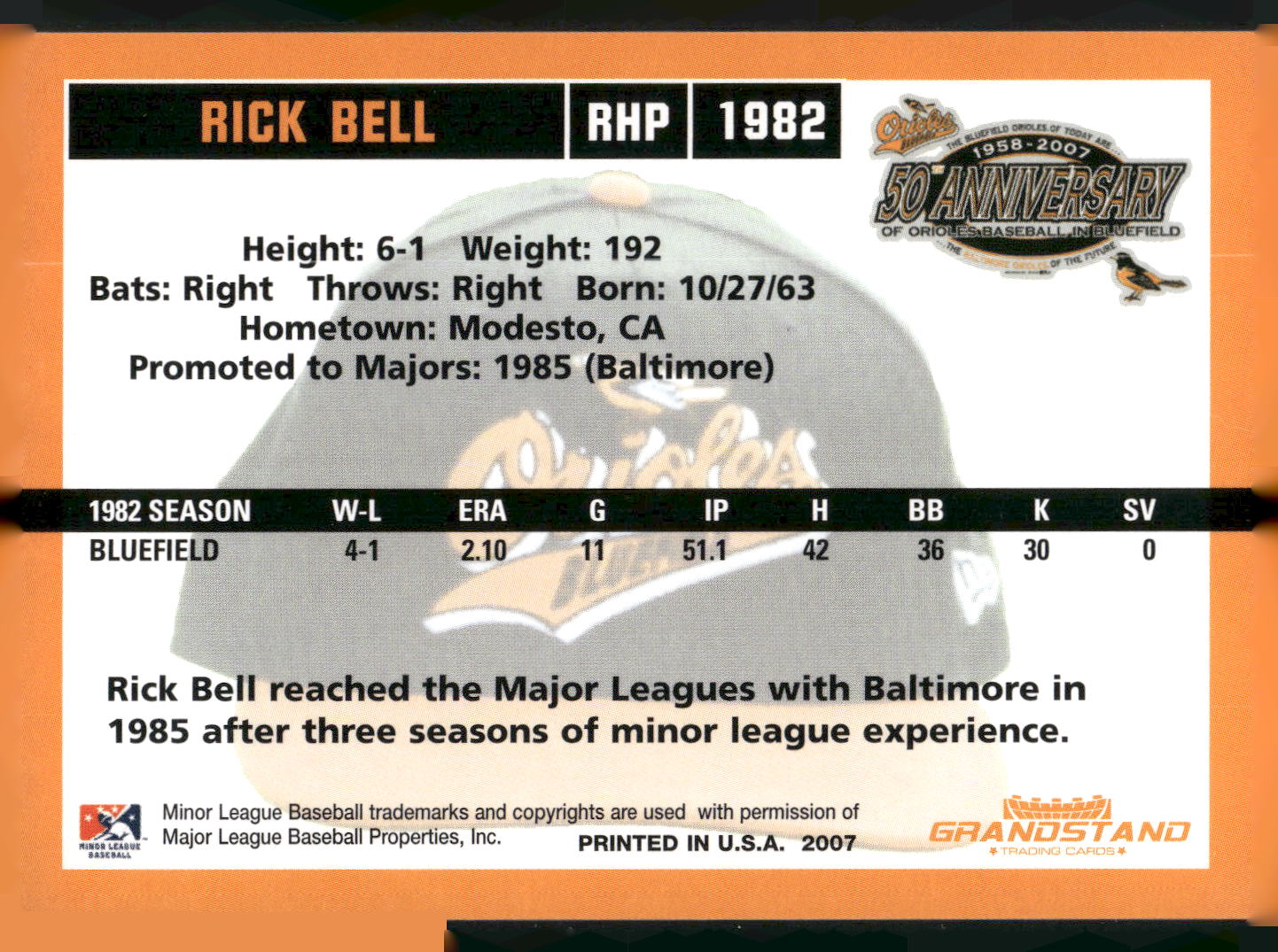 2007 Grandstand Bluefield Orioles 50th Anniversary #NNO Eric Bell