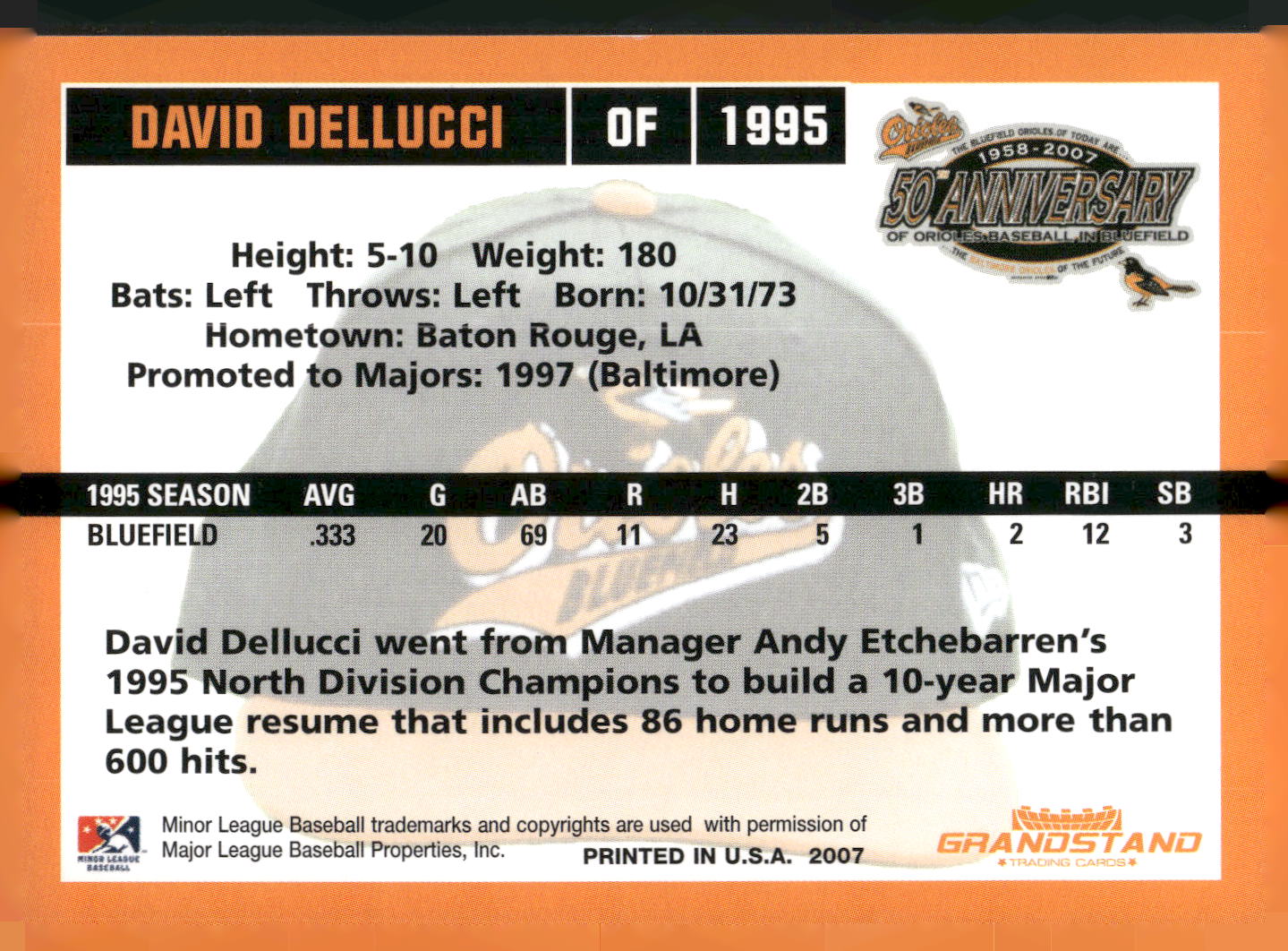 2007 Grandstand Bluefield Orioles 50th Anniversary #NNO David Dellucci