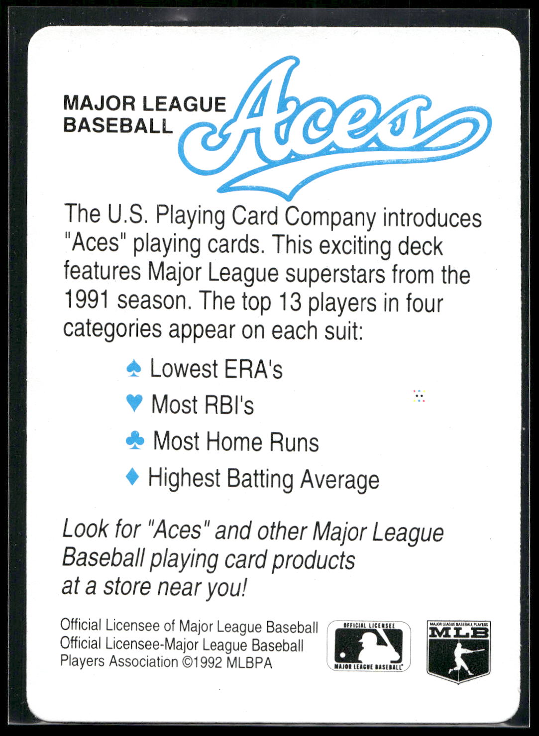 1992 U.S. Playing Card Co. Baseball Aces Playing Cards #NNO Header