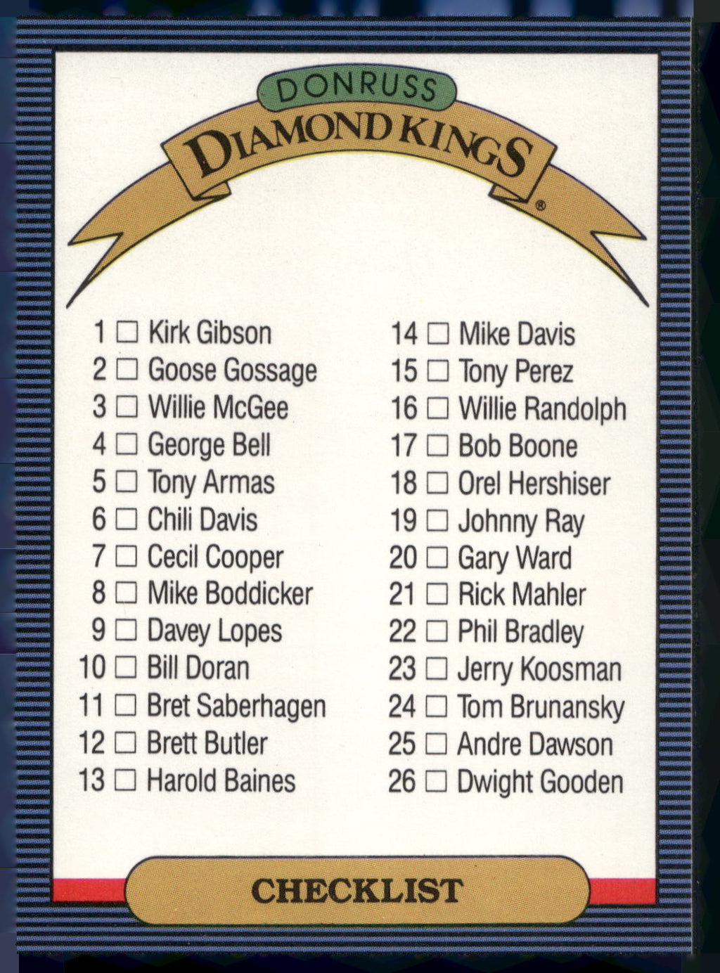 1986 Leaf #NNO Diamond Kings Checklist Checklists