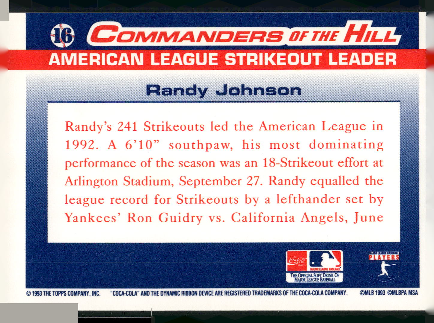 1993 Topps/Coca-Cola Commanders of the Hill #16 Randy Johnson