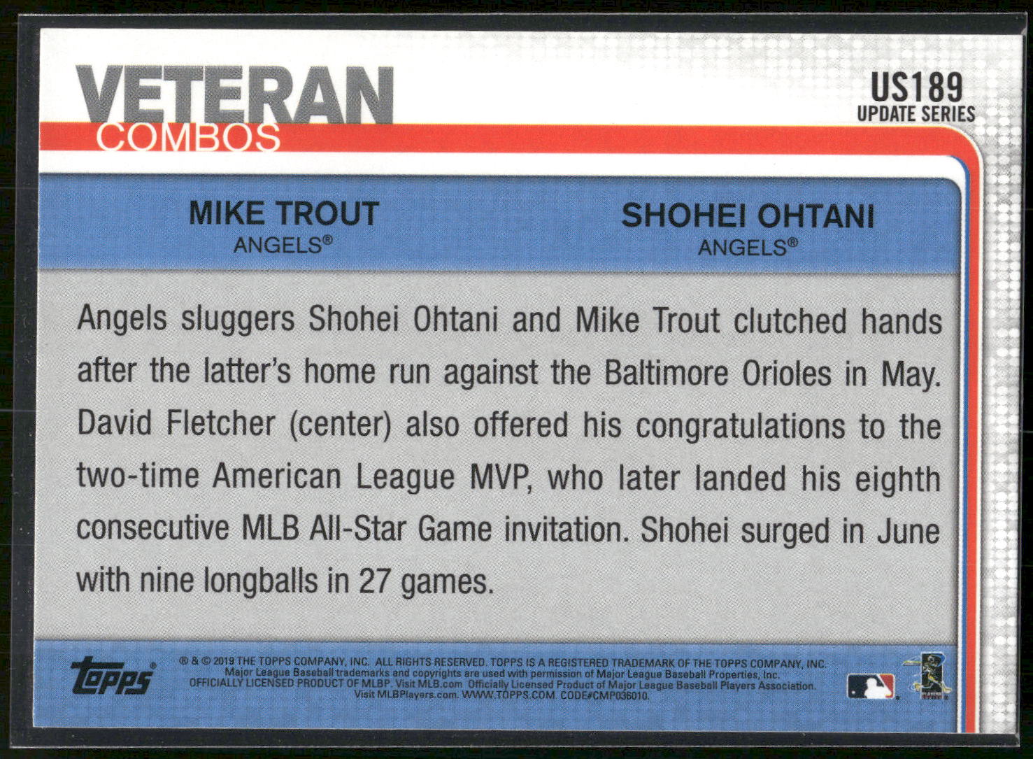 2019 Topps Update #US189 Mike Trout / Shohei Ohtani