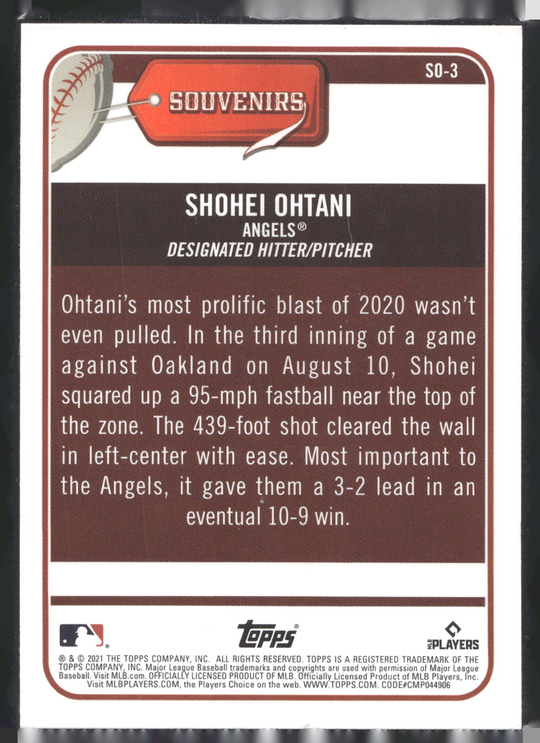 2021 Topps Big League #SO-3 Shohei Ohtani Souvenirs