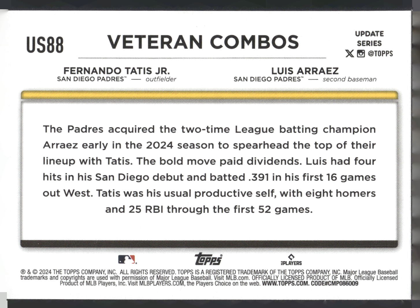 2024 Topps Update #US88 (Fernando Tatis Jr. / Luis Arraez) Rainbow Foil