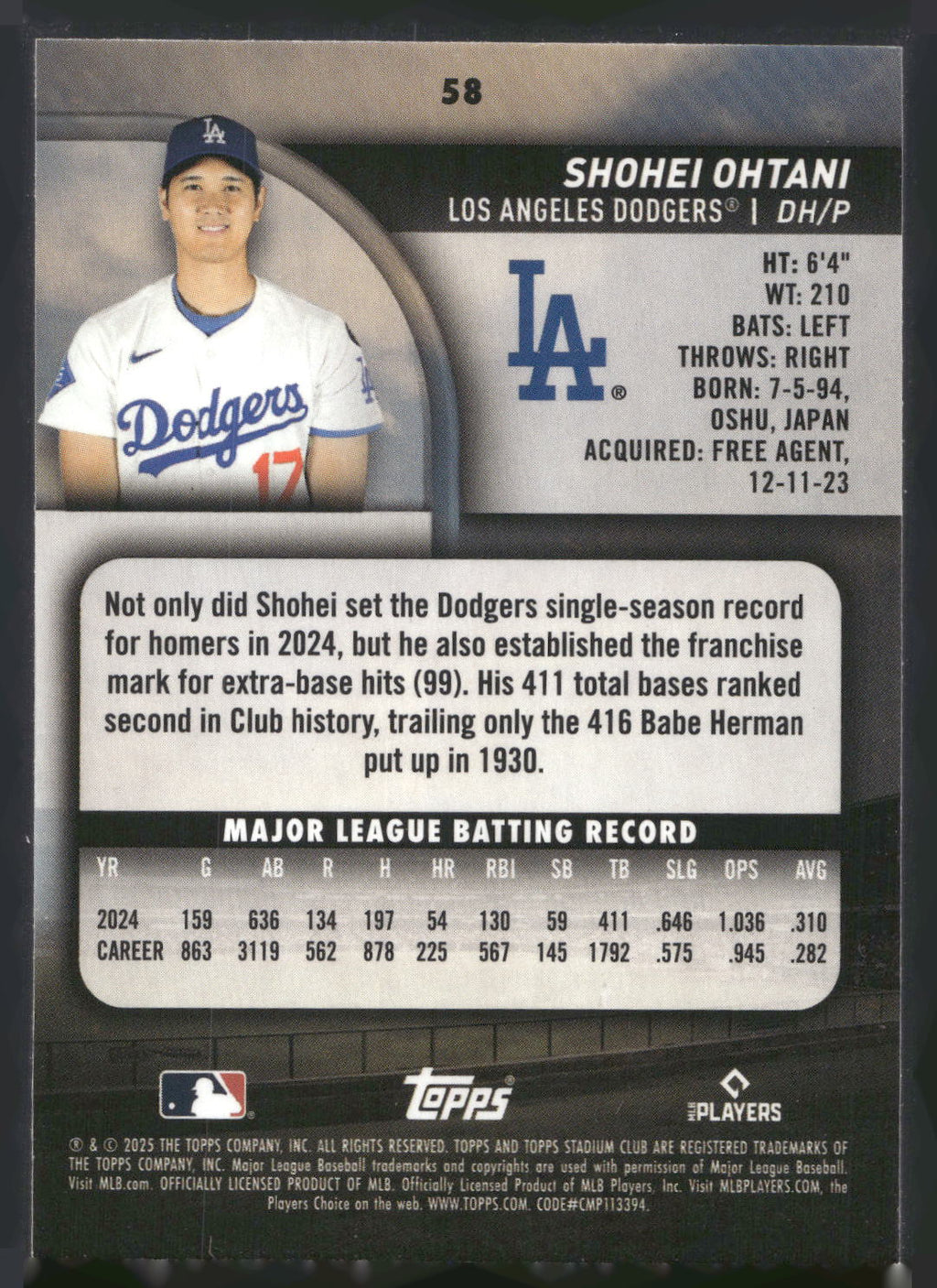 2025 Stadium Club #58 Shohei Ohtani