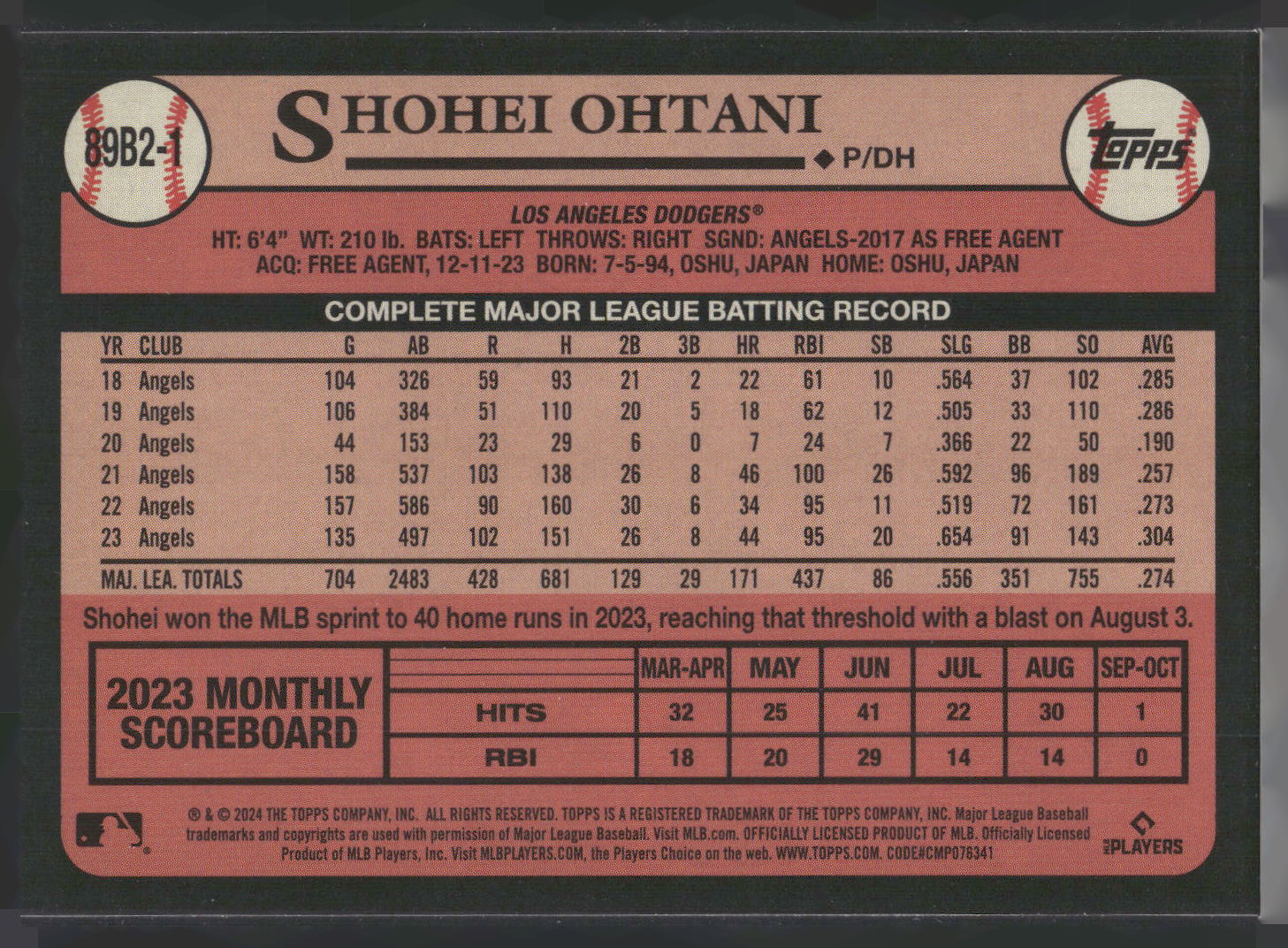 2024 Topps #89B2-1 Shohei Ohtani 1989 Topps Baseball 35th Anniversary