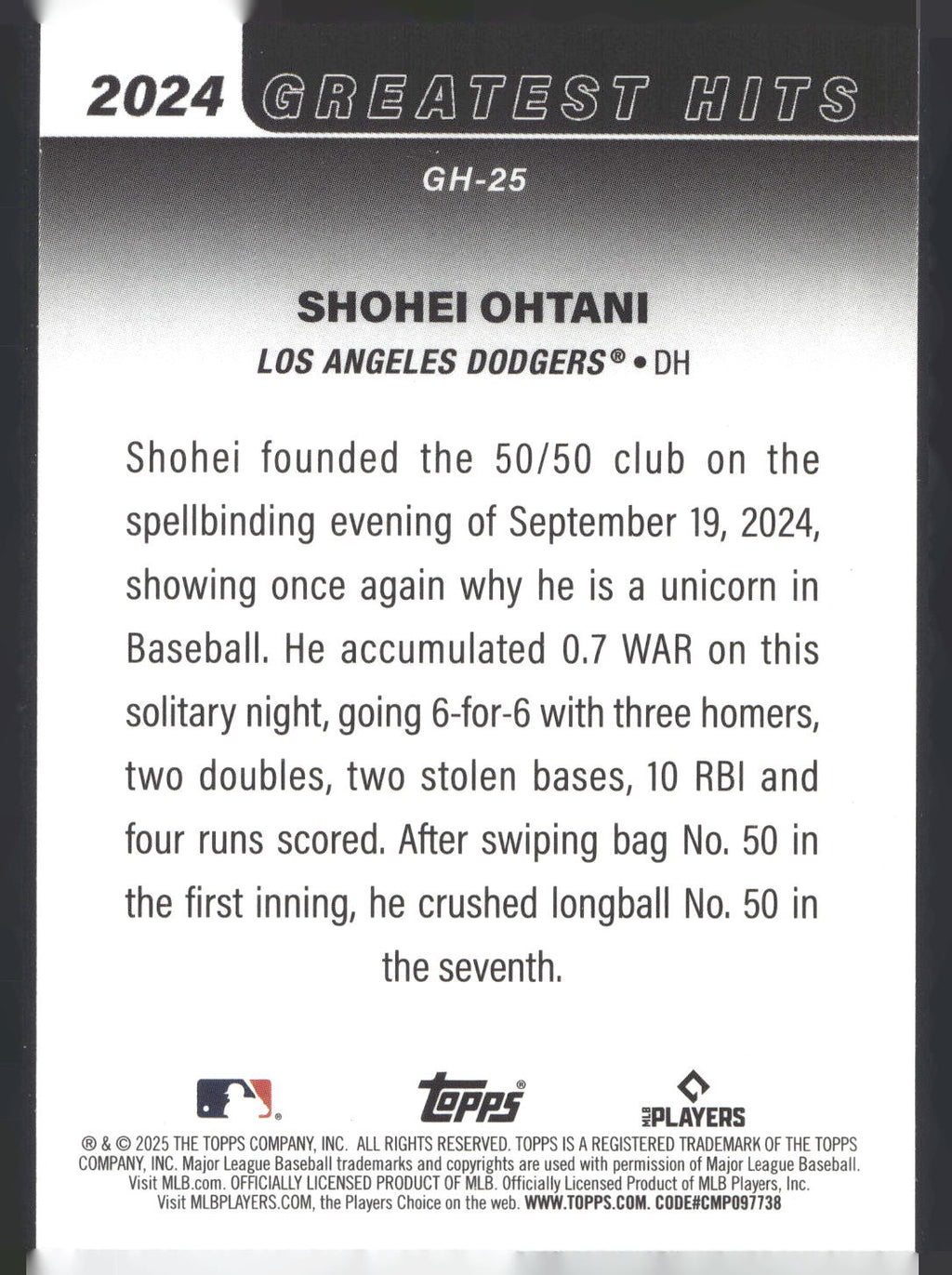2025 Topps #GH-25 Shohei Ohtani 2024 Greatest Hits