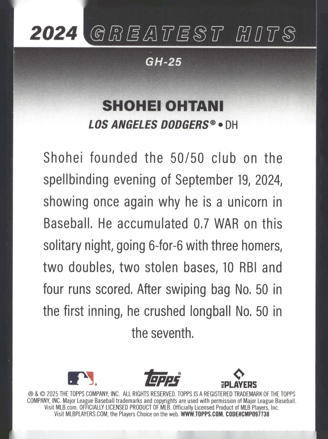 2025 Topps #GH-25 Shohei Ohtani 2024 Greatest Hits