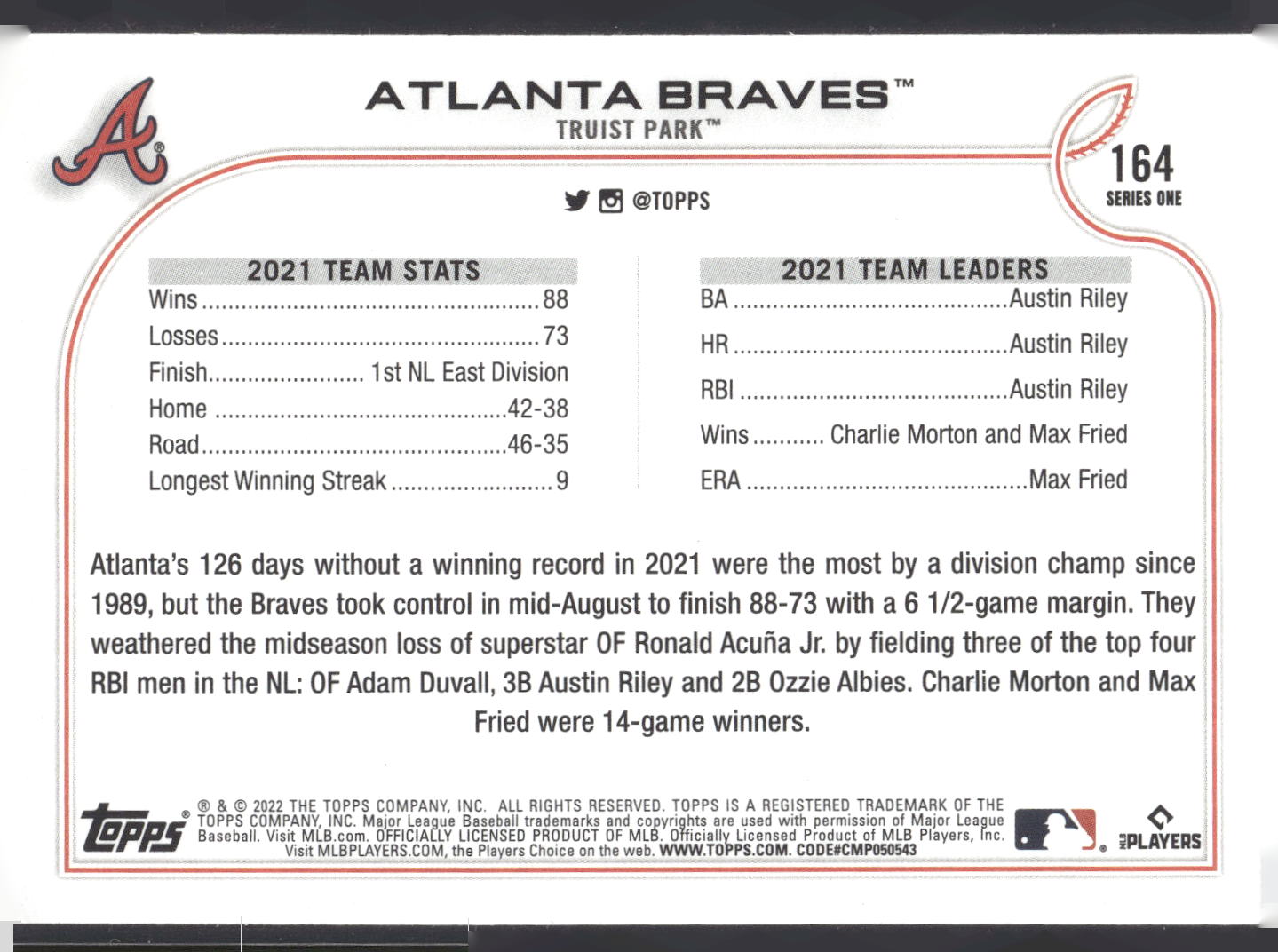 2022 Topps #164 Atlanta Braves