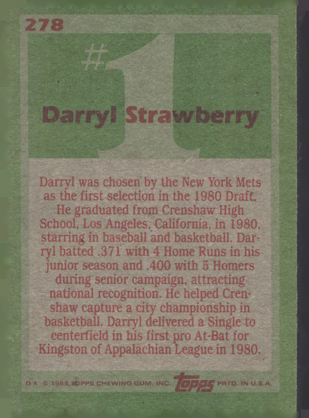 1985 Topps #278 Darryl Strawberry