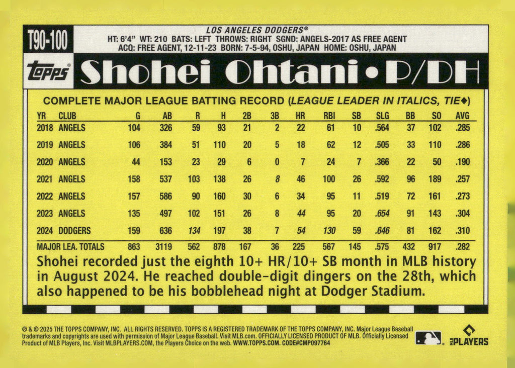 2025 Topps #T90-100 Shohei Ohtani 1990 Topps Baseball 35th Anniversary