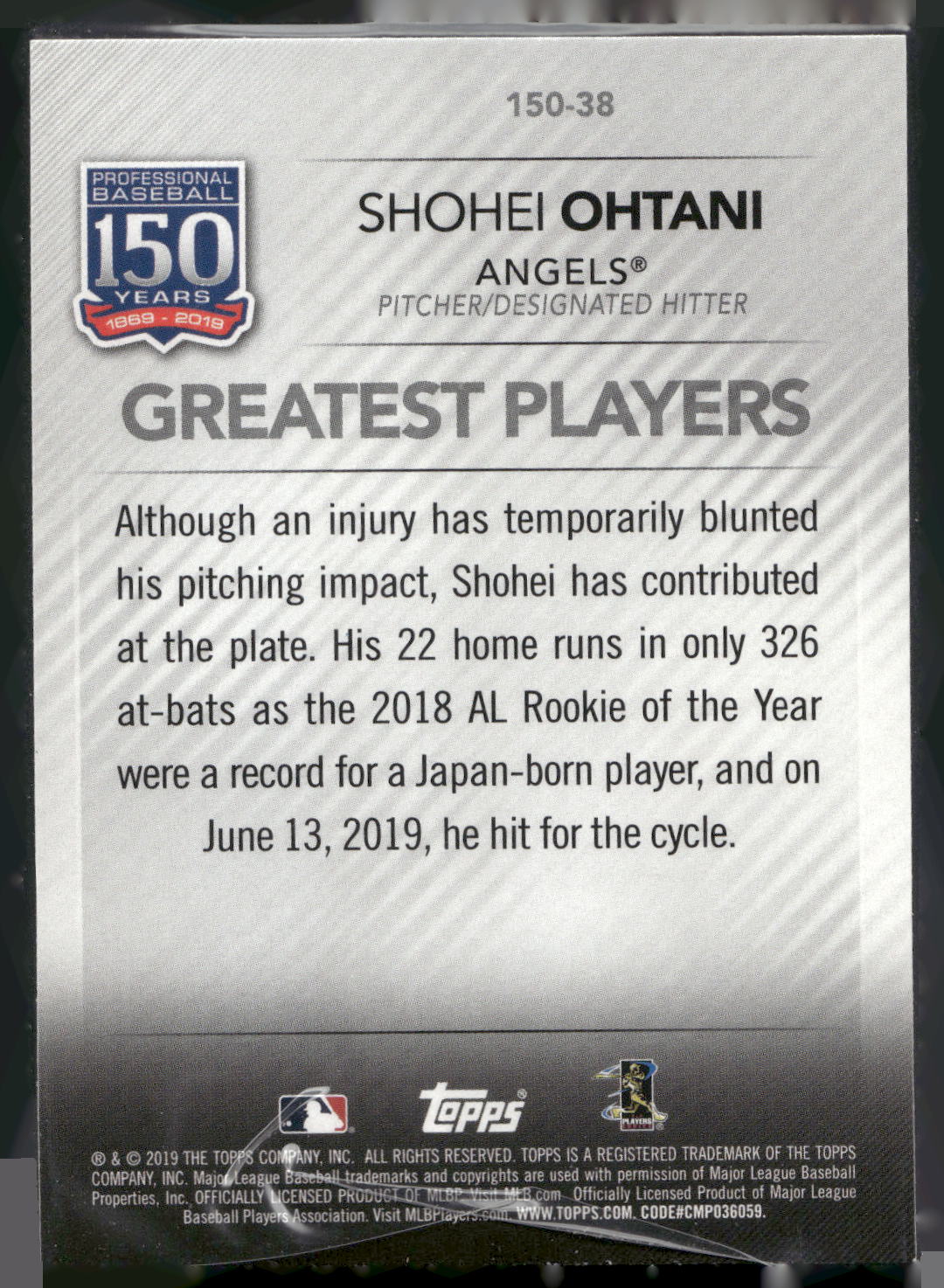 2019 Topps Update #150-38 Shohei Ohtani 150 Years of Professional Baseball