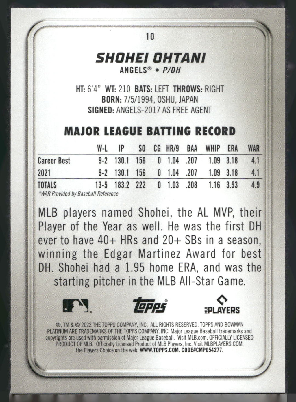 2022 Bowman Platinum #10 Shohei Ohtani