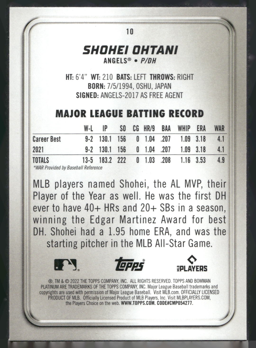 2022 Bowman Platinum #10 Shohei Ohtani