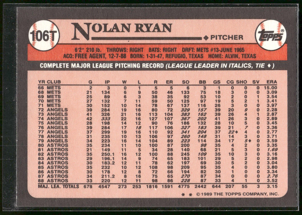 1989 Topps Traded #106T Nolan Ryan
